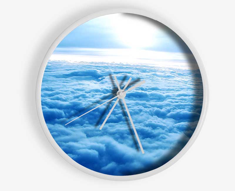Above The Clouds bamboo clock with a round face, available in black, white, and natural frame colors, featuring a clear Plexiglas lens.