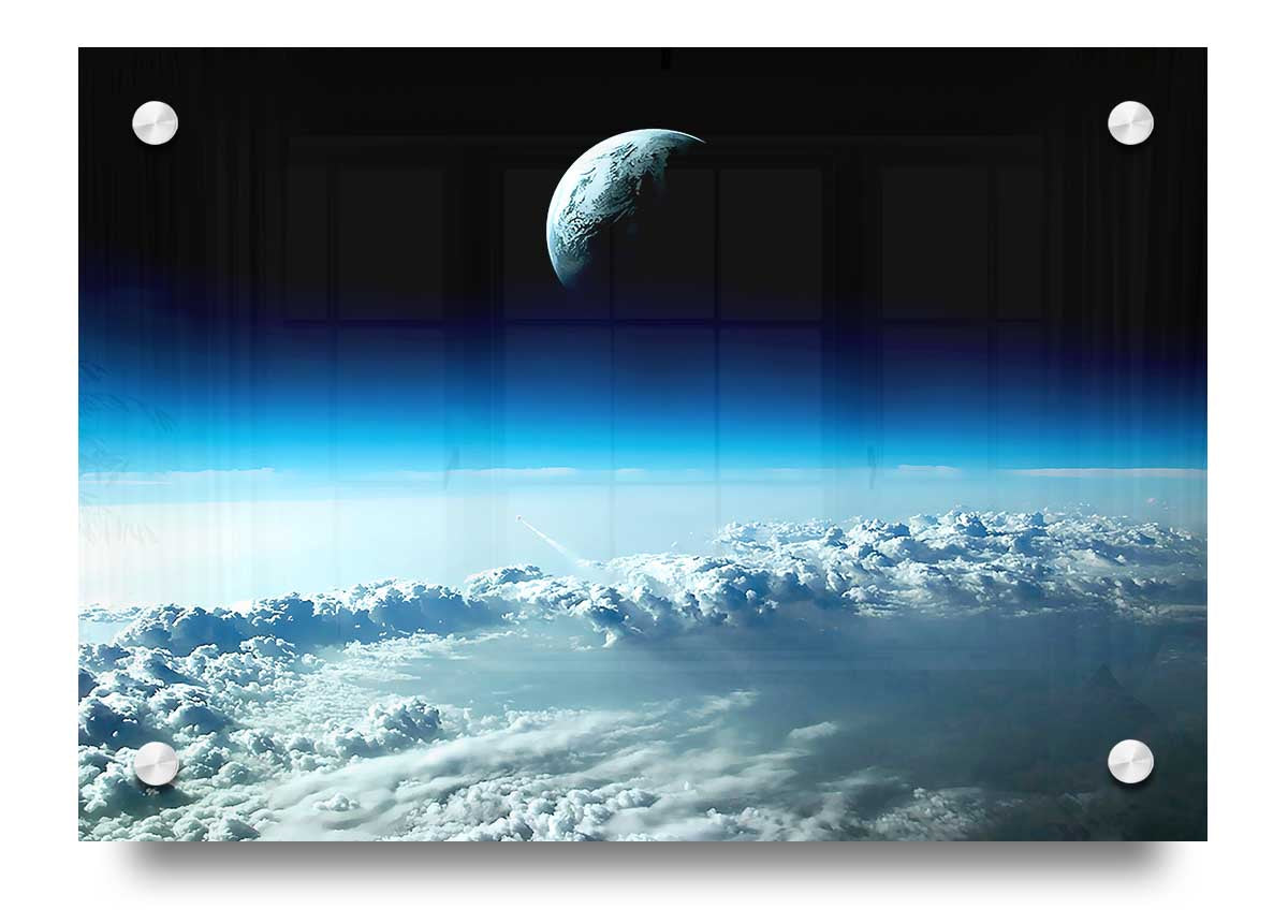 Above The Earth acrylic print showcasing vibrant colors on 5mm thick acrylic glass, ready to hang.