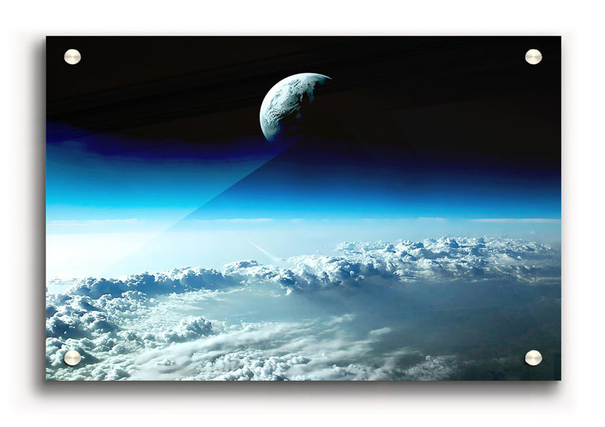 Above The Earth acrylic print showcasing vibrant colors on 5mm thick acrylic glass, ready to hang.