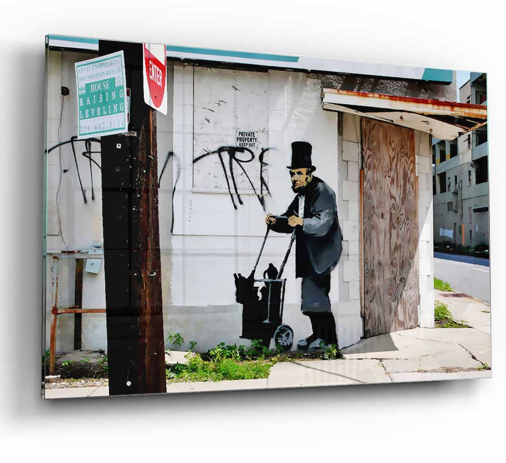 Abraham Lincoln Trolley Tramp glass print featuring a modern design with vibrant colors and intricate details.