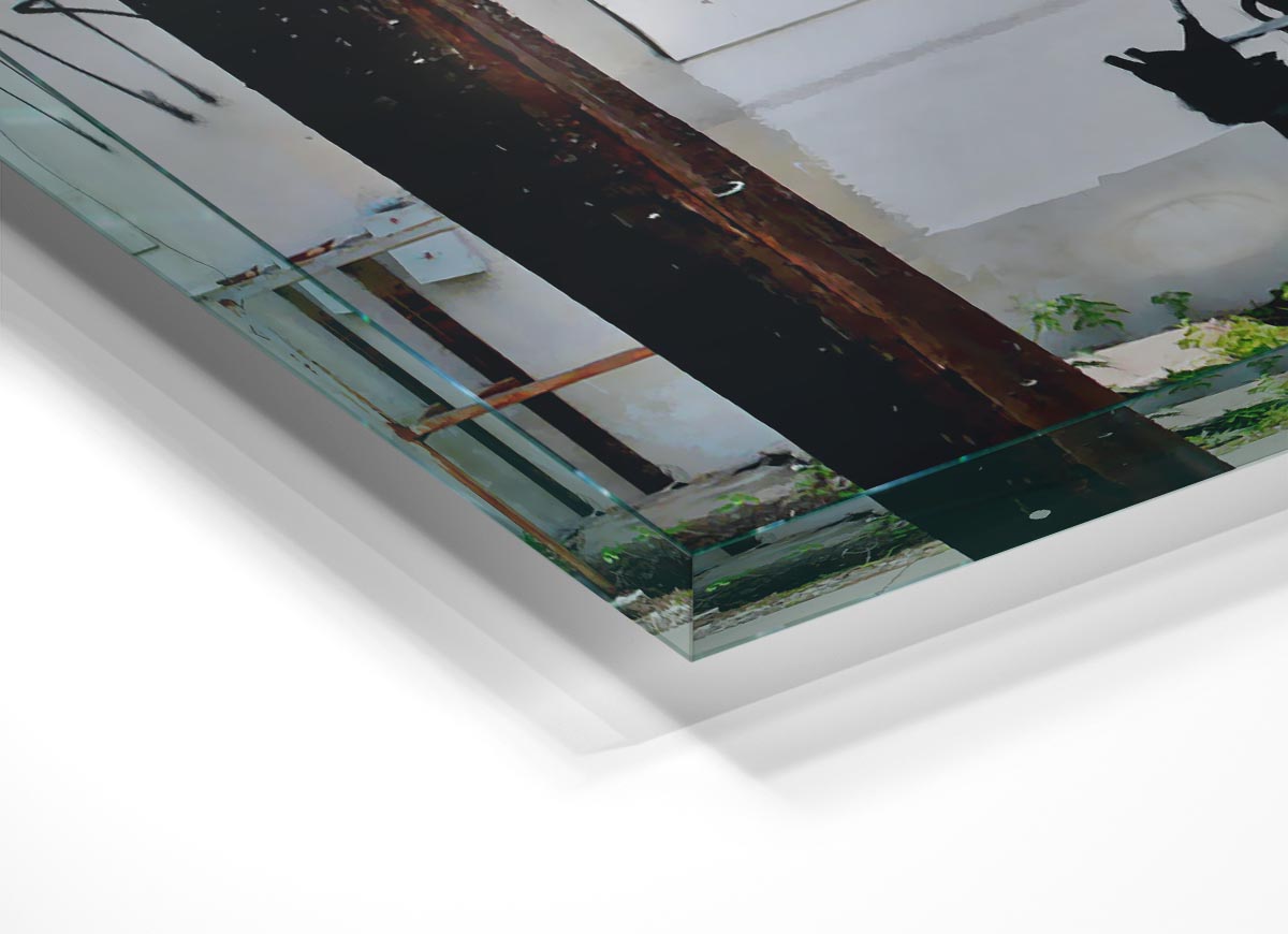 Abraham Lincoln Trolley Tramp glass print featuring a modern design with vibrant colors and intricate details.