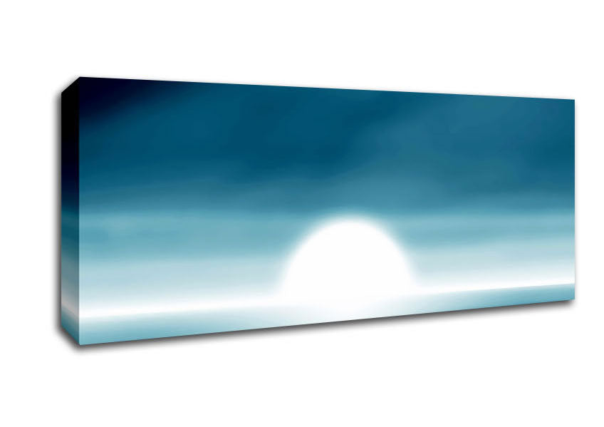 Vibrant abstract sun design on a blue canvas, mounted on a sturdy box frame, ready to hang.