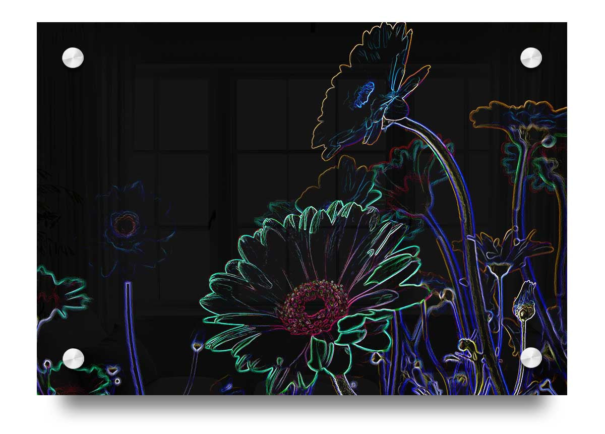 Abstarct Neon Floral 04 acrylic print featuring vibrant floral designs on 5mm thick acrylic glass, ready to hang.