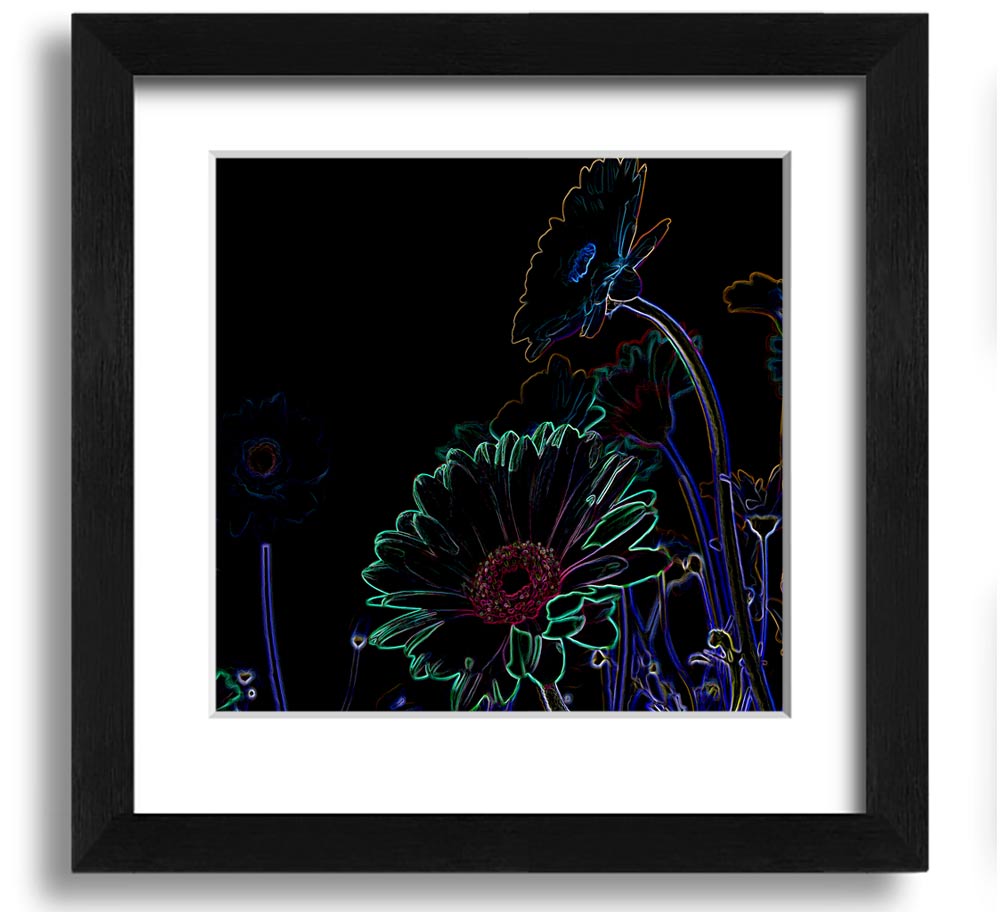 Vibrant Abstarct Neon Floral 04 square framed print with colorful floral design, ready to hang.