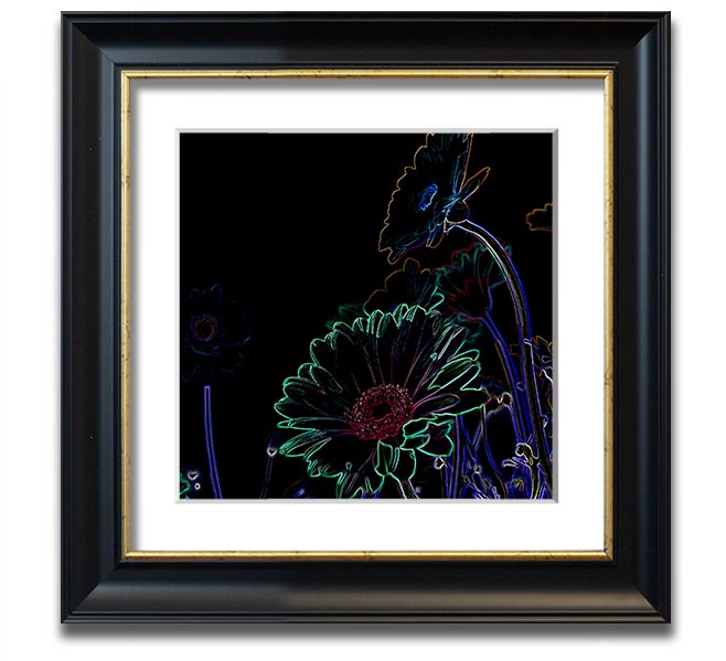 Vibrant Abstarct Neon Floral 04 square framed print with colorful floral design, ready to hang.
