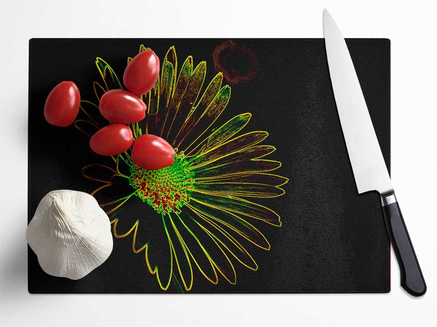 Abstarct Neon Floral 13 chopping board made of tempered glass with vibrant floral design and anti-slip feet.