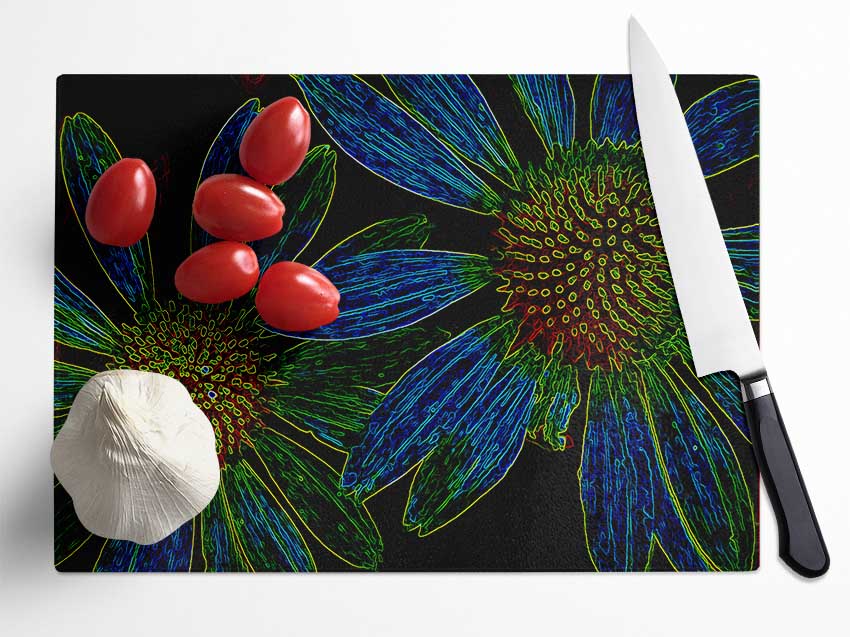 Abstarct Neon Floral 18 chopping board made of tempered glass with vibrant floral design and anti-slip feet.