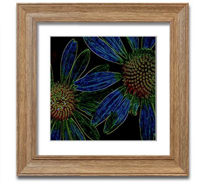 Abstract Neon Floral 18 square framed print with vibrant colors and floral design, ready to hang.