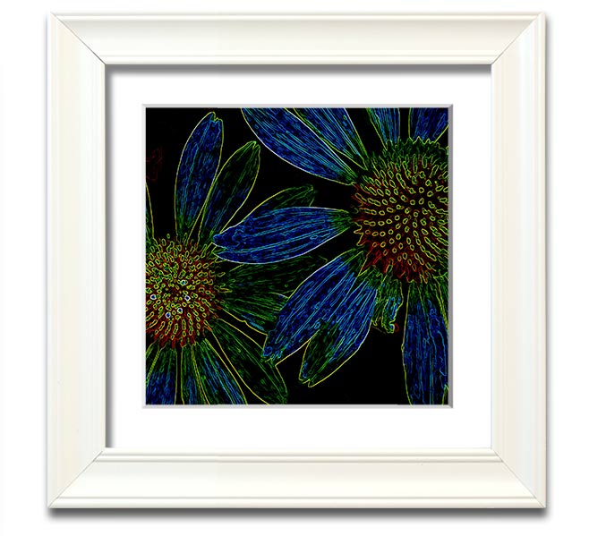 Abstract Neon Floral 18 square framed print with vibrant colors and floral design, ready to hang.