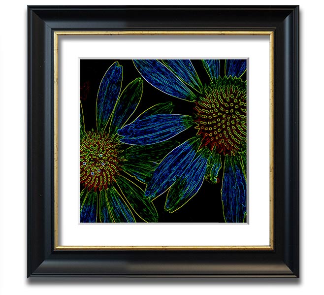 Abstract Neon Floral 18 square framed print with vibrant colors and floral design, ready to hang.