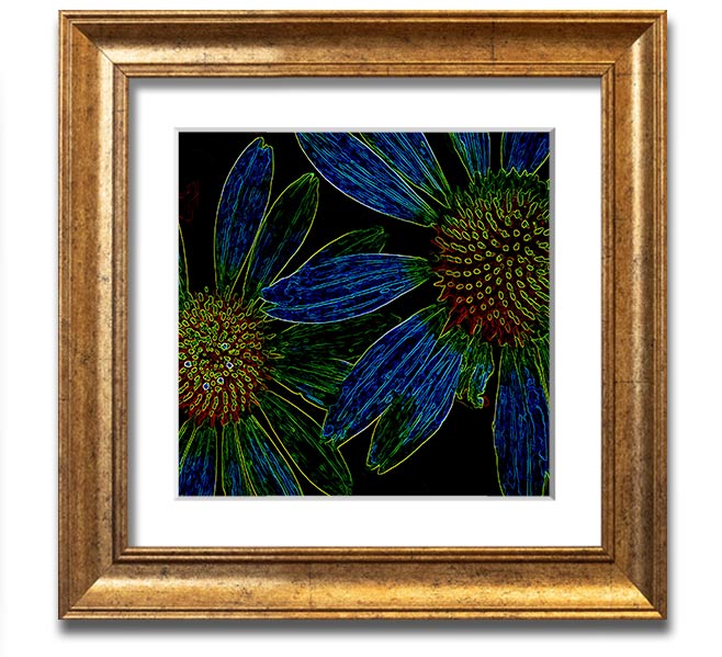Abstract Neon Floral 18 square framed print with vibrant colors and floral design, ready to hang.