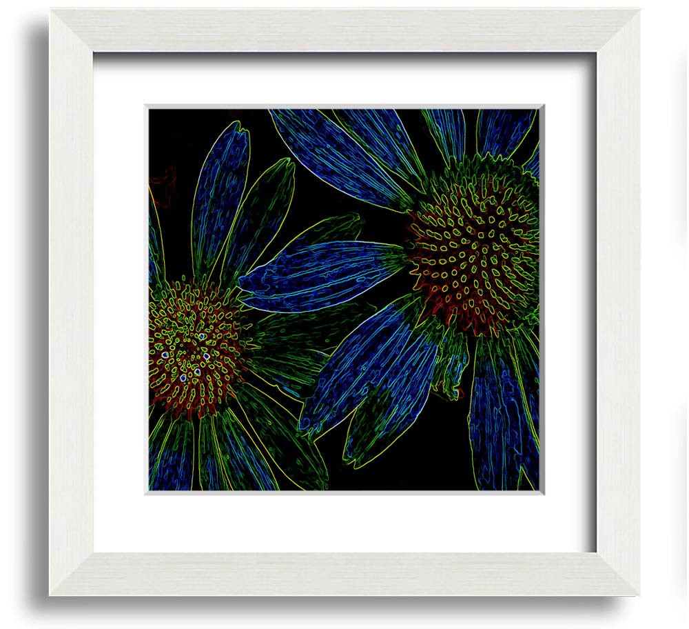 Abstract Neon Floral 18 square framed print with vibrant colors and floral design, ready to hang.