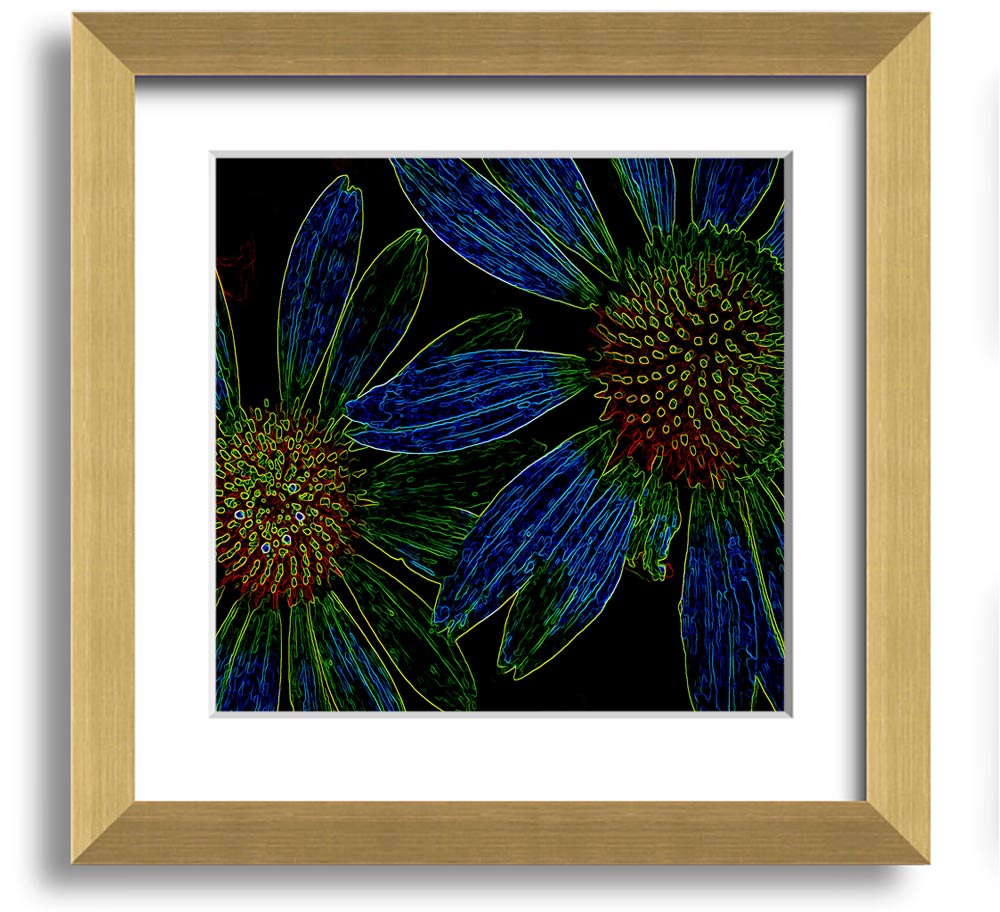 Abstract Neon Floral 18 square framed print with vibrant colors and floral design, ready to hang.