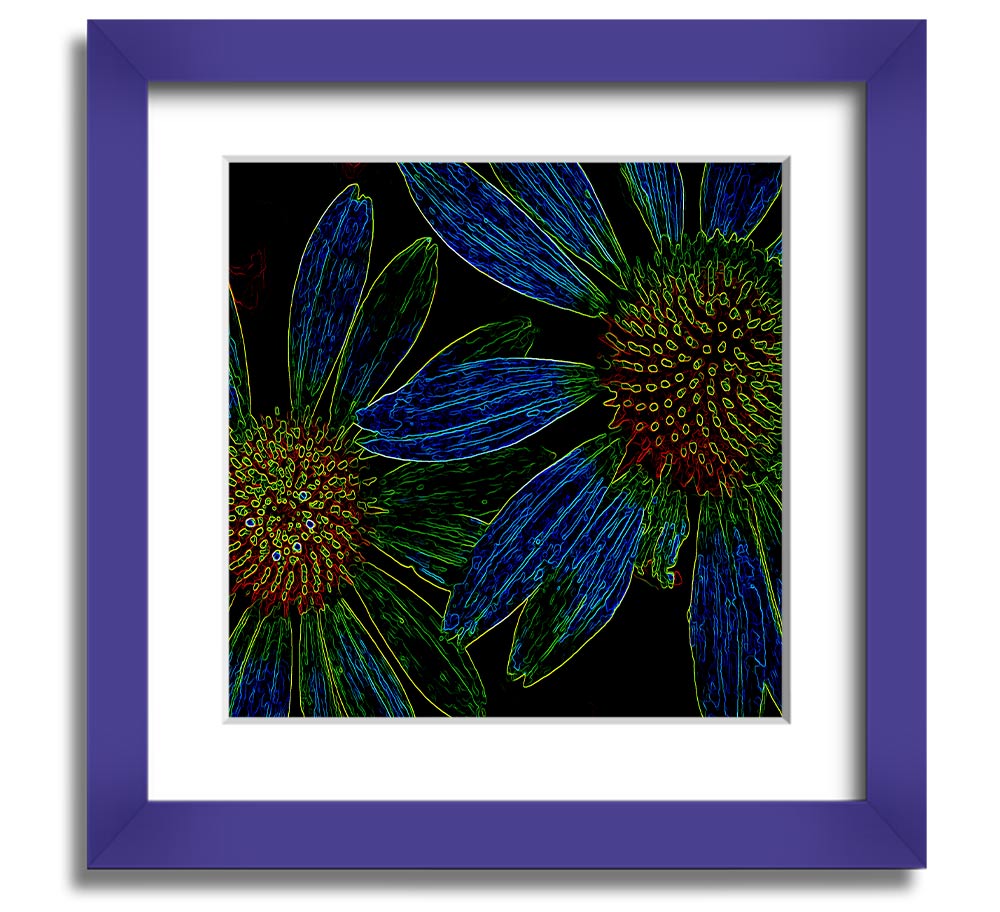 Abstract Neon Floral 18 square framed print with vibrant colors and floral design, ready to hang.
