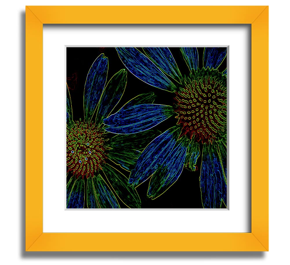 Abstract Neon Floral 18 square framed print with vibrant colors and floral design, ready to hang.