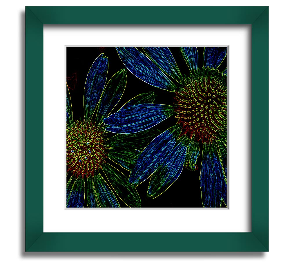 Abstract Neon Floral 18 square framed print with vibrant colors and floral design, ready to hang.