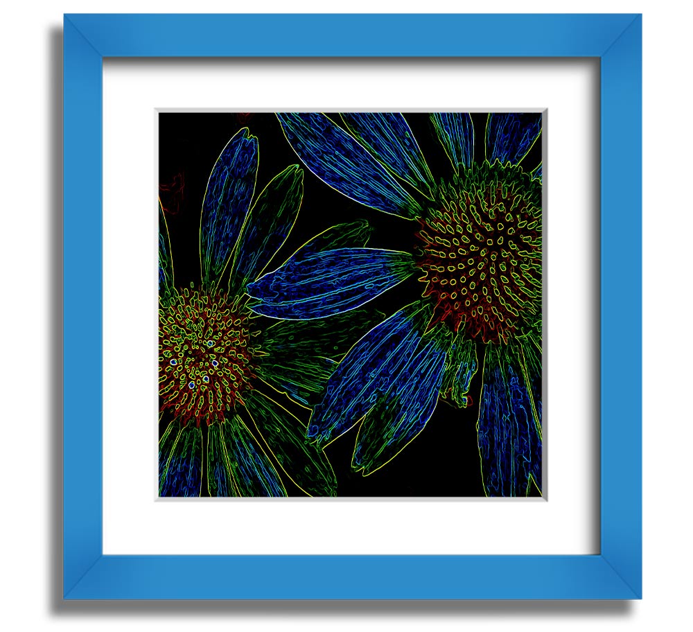 Abstract Neon Floral 18 square framed print with vibrant colors and floral design, ready to hang.