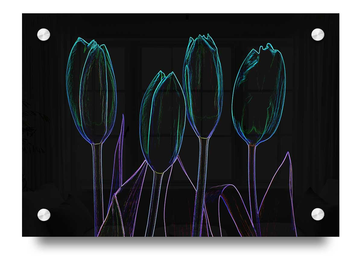 Vibrant Abstarct Neon Floral 30 acrylic print on 5mm thick glass, showcasing colorful floral design.