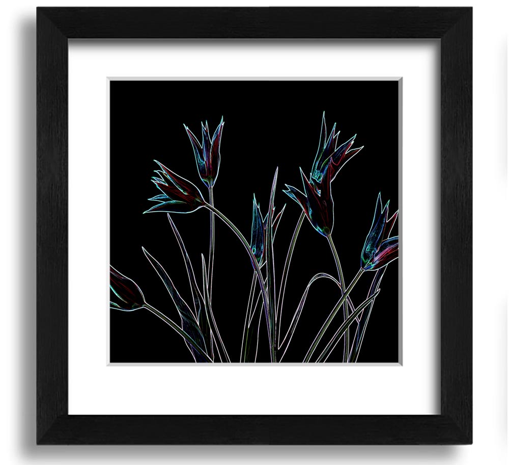 Vibrant Abstarct Neon Floral 31 square framed print with colorful floral design, ready to hang.