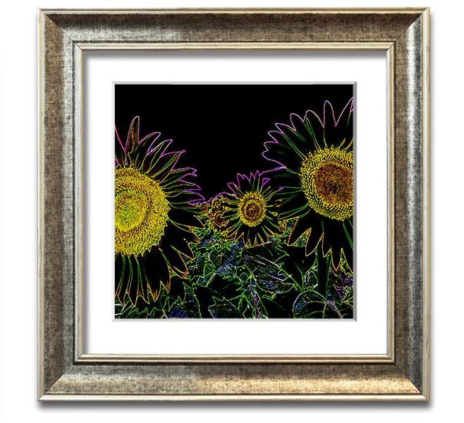 Vibrant Abstarct Neon Floral 36 square framed print with colorful floral design, ready to hang.