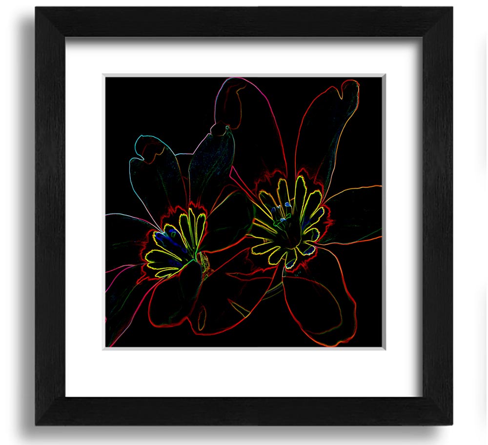Abstarct Neon Floral 38 Square Framed Print featuring vibrant neon colors and floral design, ready to hang.