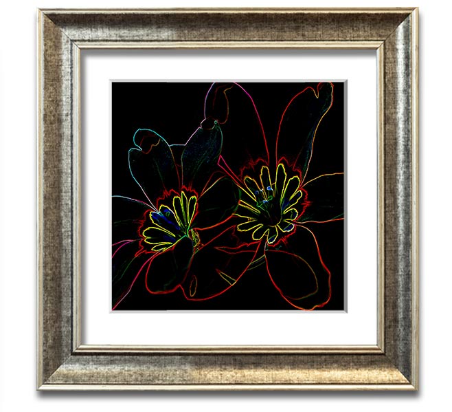 Abstarct Neon Floral 38 Square Framed Print featuring vibrant neon colors and floral design, ready to hang.