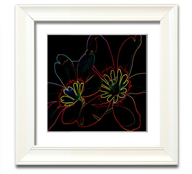 Abstarct Neon Floral 38 Square Framed Print featuring vibrant neon colors and floral design, ready to hang.