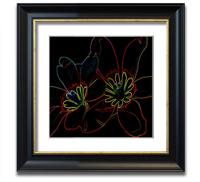 Abstarct Neon Floral 38 Square Framed Print featuring vibrant neon colors and floral design, ready to hang.
