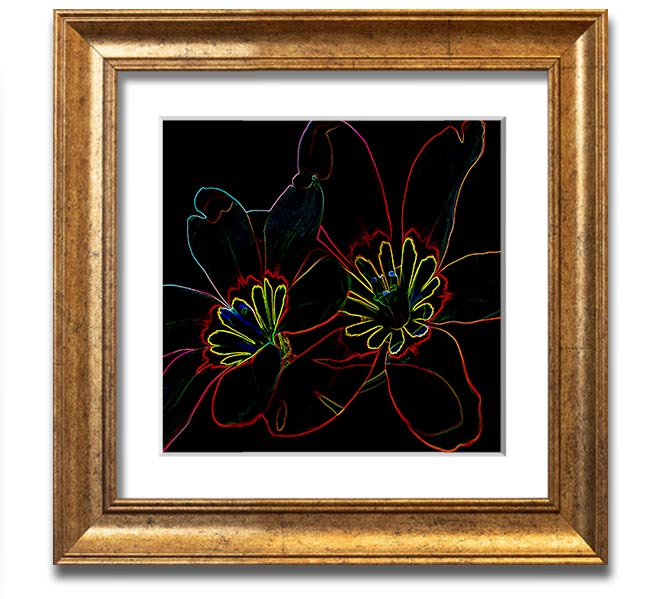 Abstarct Neon Floral 38 Square Framed Print featuring vibrant neon colors and floral design, ready to hang.