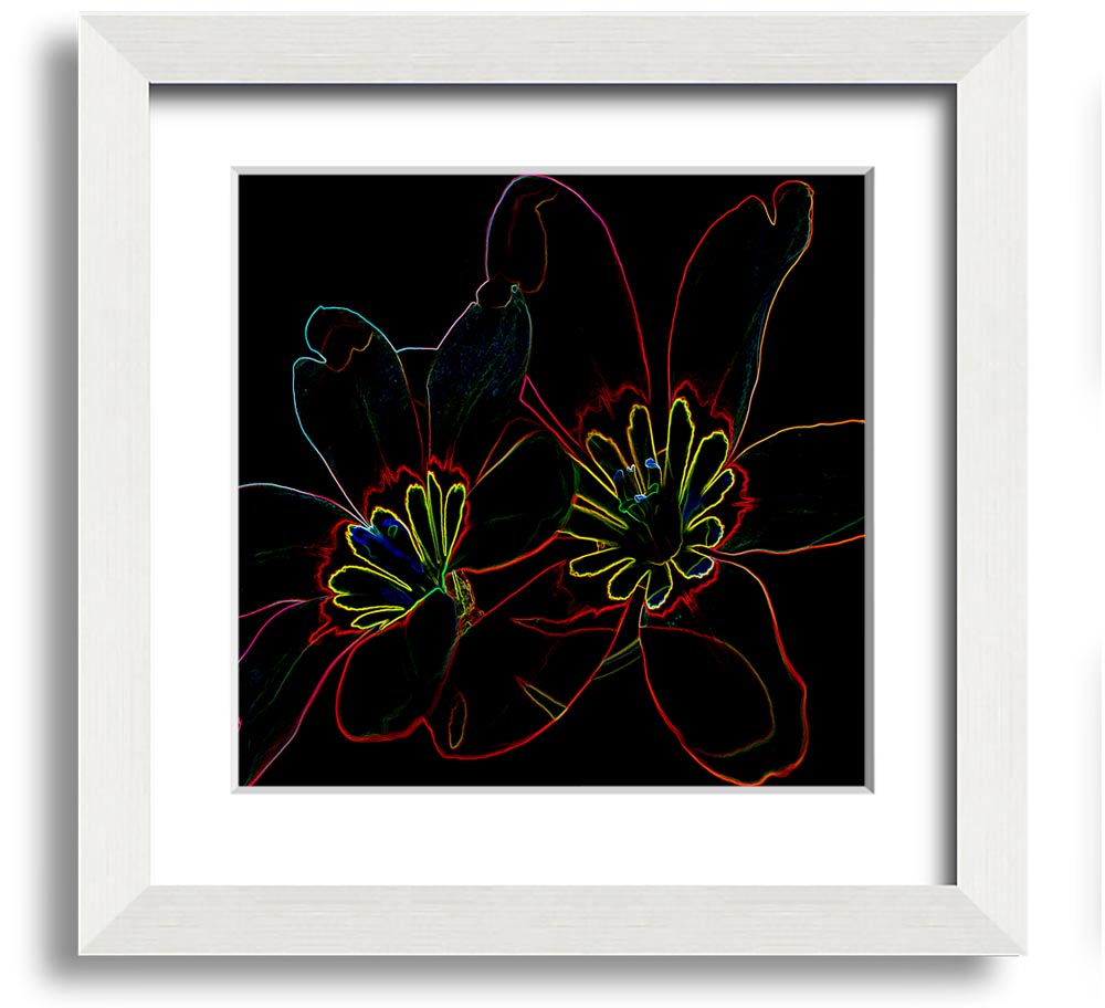 Abstarct Neon Floral 38 Square Framed Print featuring vibrant neon colors and floral design, ready to hang.