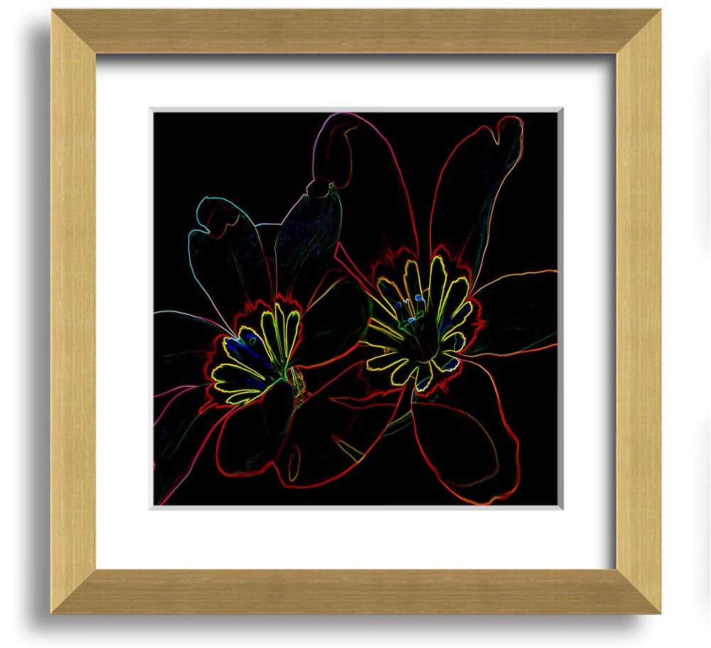 Abstarct Neon Floral 38 Square Framed Print featuring vibrant neon colors and floral design, ready to hang.