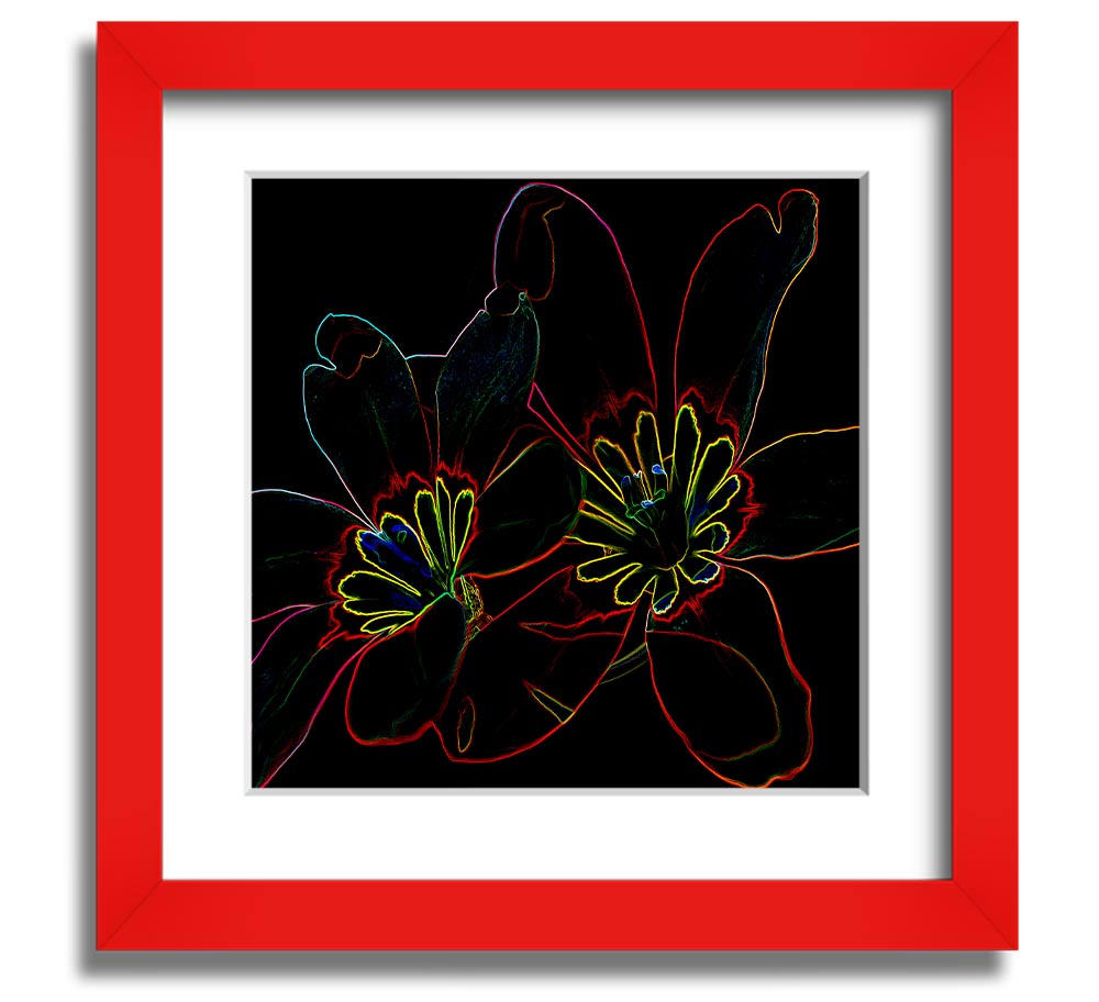 Abstarct Neon Floral 38 Square Framed Print featuring vibrant neon colors and floral design, ready to hang.