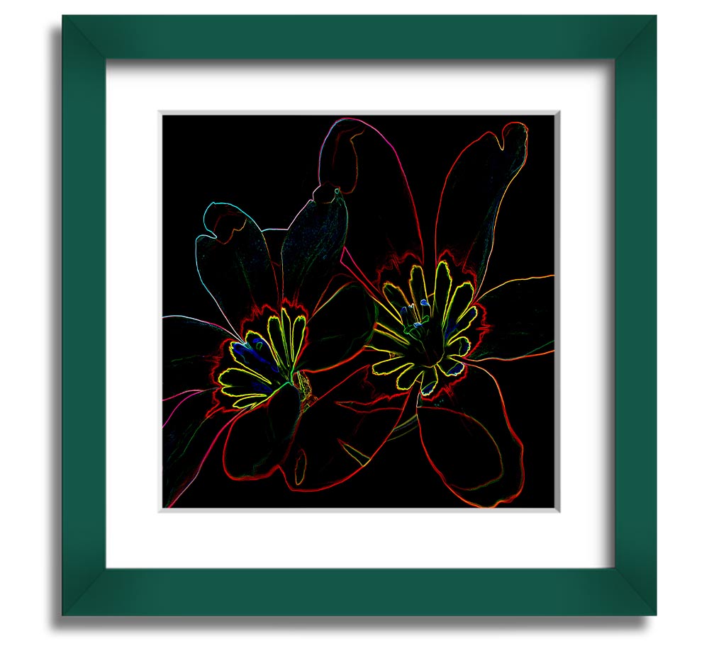 Abstarct Neon Floral 38 Square Framed Print featuring vibrant neon colors and floral design, ready to hang.