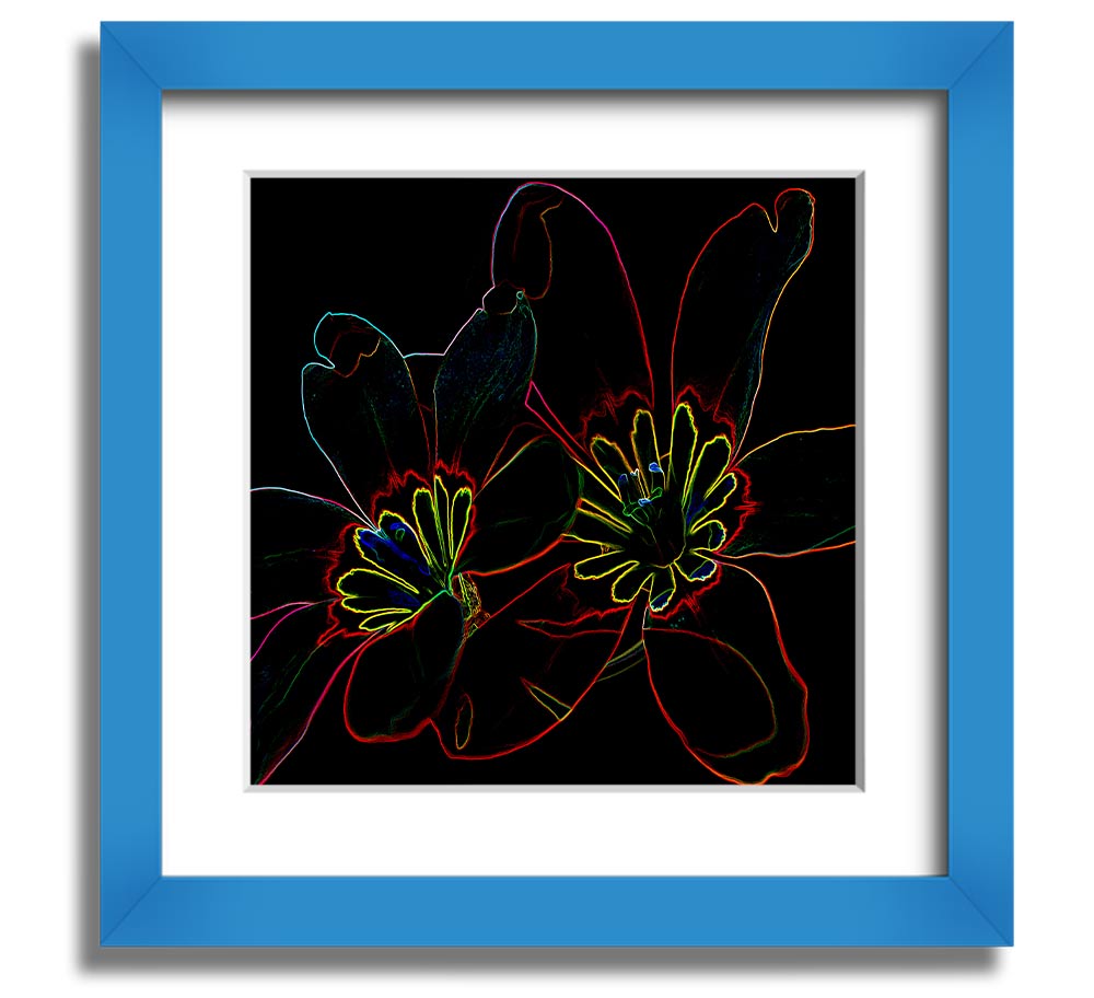 Abstarct Neon Floral 38 Square Framed Print featuring vibrant neon colors and floral design, ready to hang.