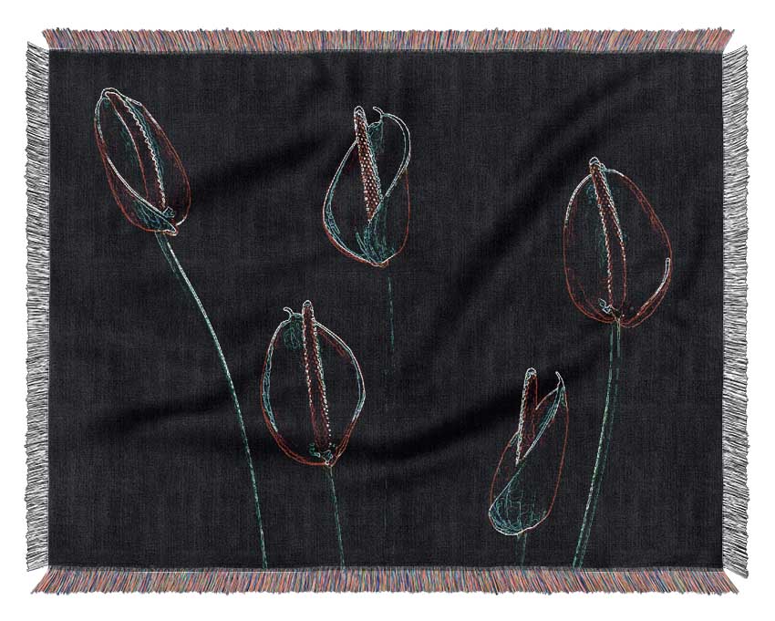 A vibrant throw blanket featuring abstract neon flowers on a dark background, made from 100% cotton with a luxurious finish.