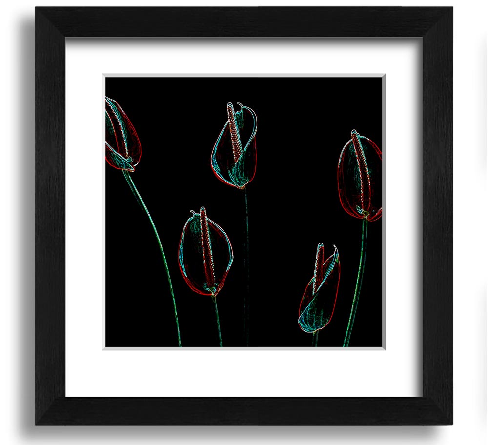 Vibrant square framed print of abstract neon flowers against a dark background, showcasing multiple frame color options.
