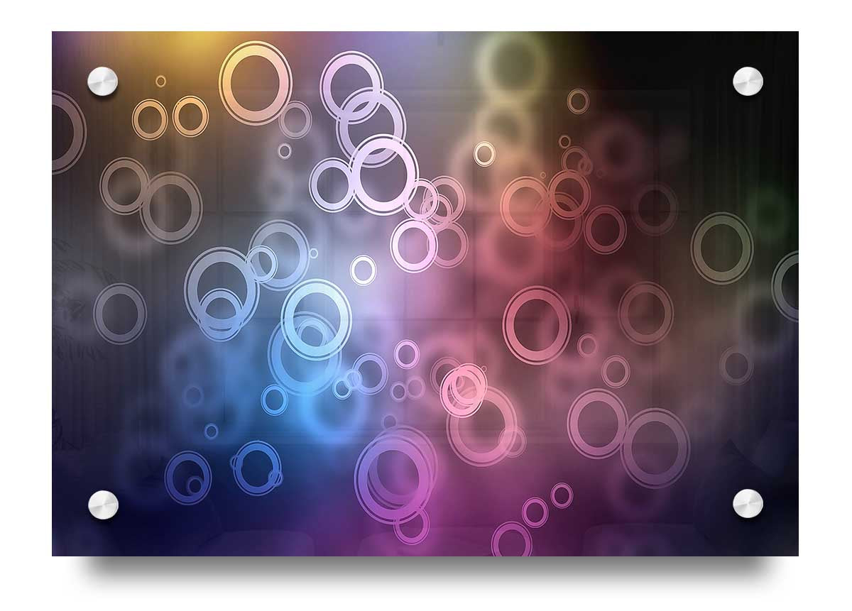 A vibrant Abstract Circle Art acrylic print showcasing colorful circular patterns on a clear acrylic surface, ready to hang.