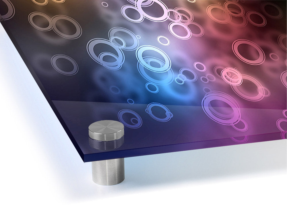 A vibrant Abstract Circle Art acrylic print showcasing colorful circular patterns on a clear acrylic surface, ready to hang.