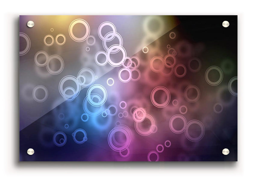 A vibrant Abstract Circle Art acrylic print showcasing colorful circular patterns on a clear acrylic surface, ready to hang.