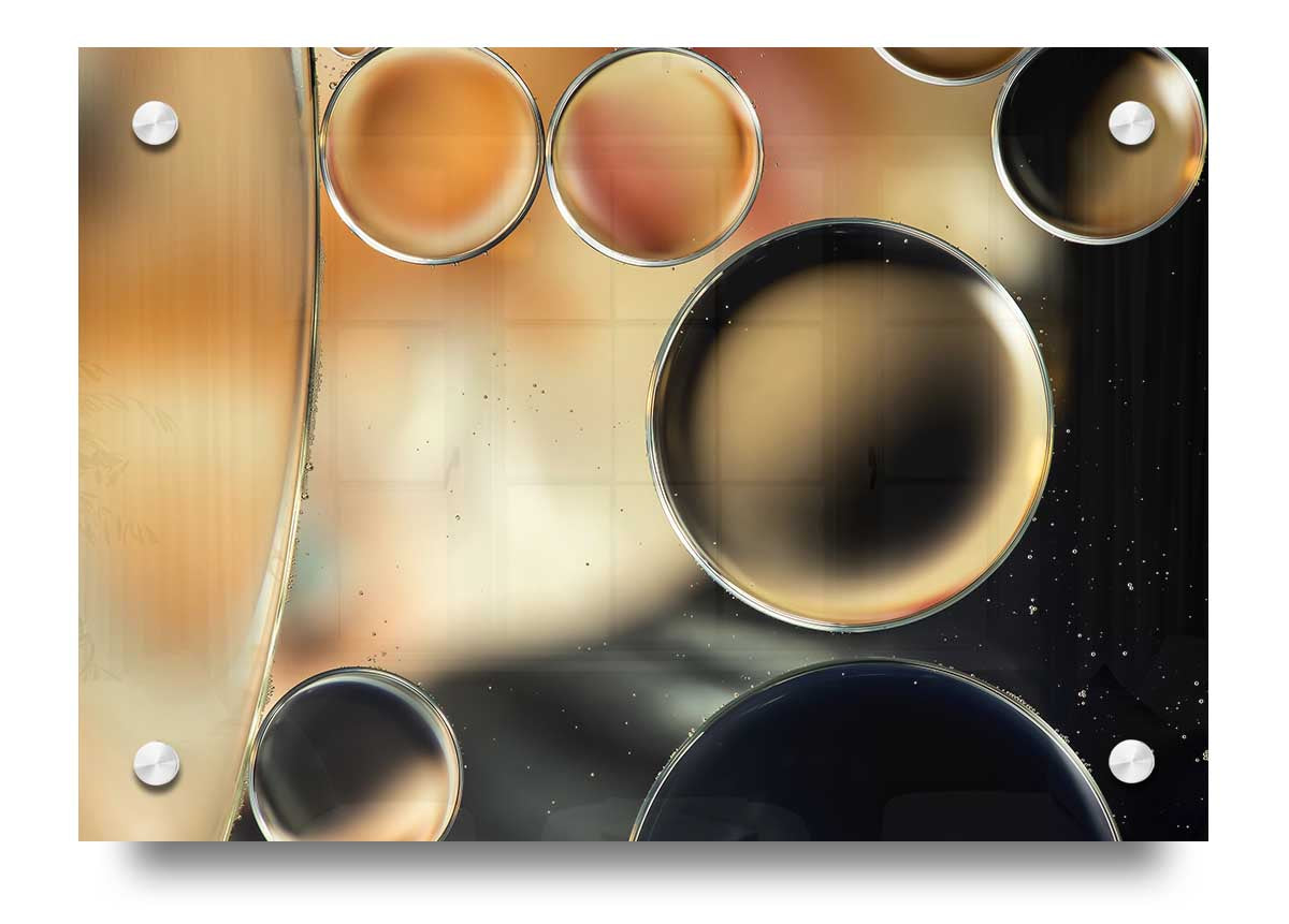 Abstract circles droplets acrylic print on 5mm thick glass, showcasing vibrant colors and modern design.
