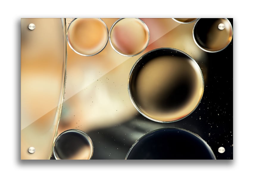 Abstract circles droplets acrylic print on 5mm thick glass, showcasing vibrant colors and modern design.