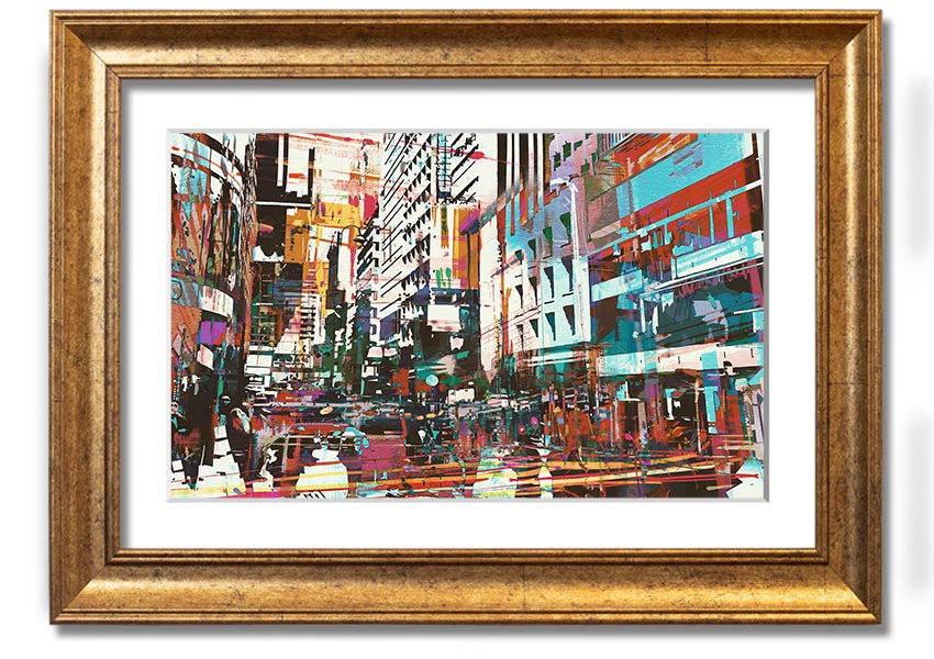 A beautifully framed abstract city art print showcasing vibrant colors and dynamic shapes, ready to hang.
