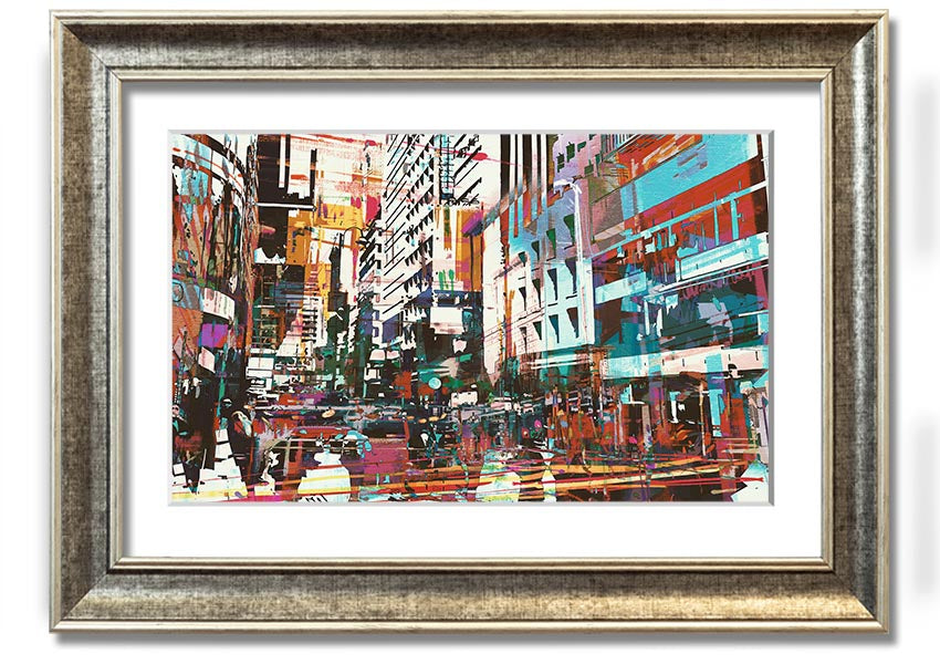 A beautifully framed abstract city art print showcasing vibrant colors and dynamic shapes, ready to hang.