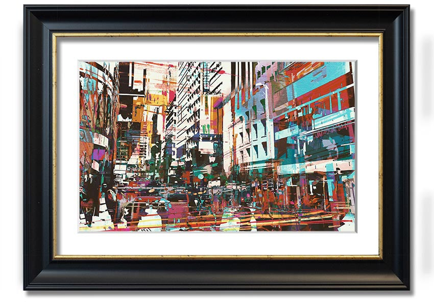 A beautifully framed abstract city art print showcasing vibrant colors and dynamic shapes, ready to hang.