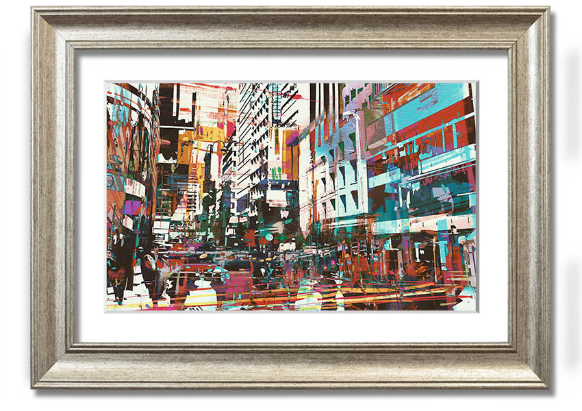 A beautifully framed abstract city art print showcasing vibrant colors and dynamic shapes, ready to hang.