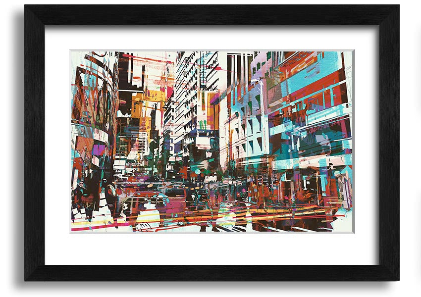 A beautifully framed abstract city art print showcasing vibrant colors and dynamic shapes, ready to hang.