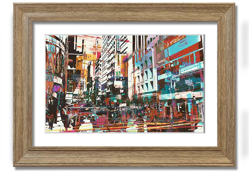 A beautifully framed abstract city art print showcasing vibrant colors and dynamic shapes, ready to hang.
