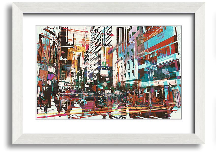 A beautifully framed abstract city art print showcasing vibrant colors and dynamic shapes, ready to hang.