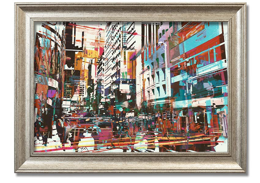 A beautifully framed abstract city art print showcasing vibrant colors and dynamic shapes, ready to hang.