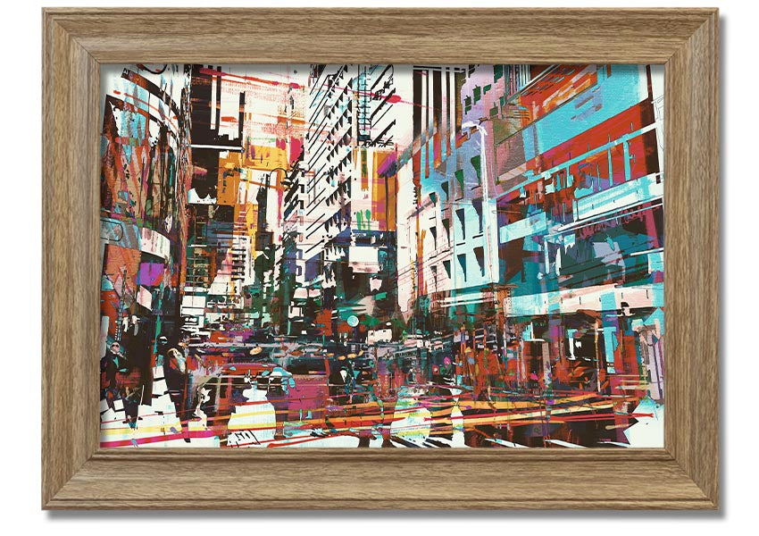 A beautifully framed abstract city art print showcasing vibrant colors and dynamic shapes, ready to hang.